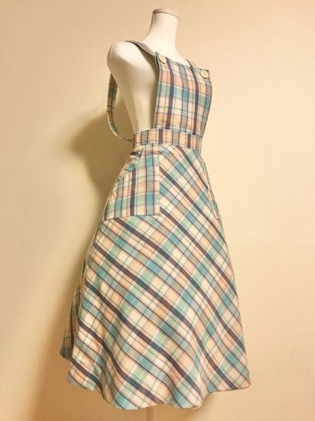 画像2: 【VINTAGE】・チェックエプロン風SK　サックス (2)