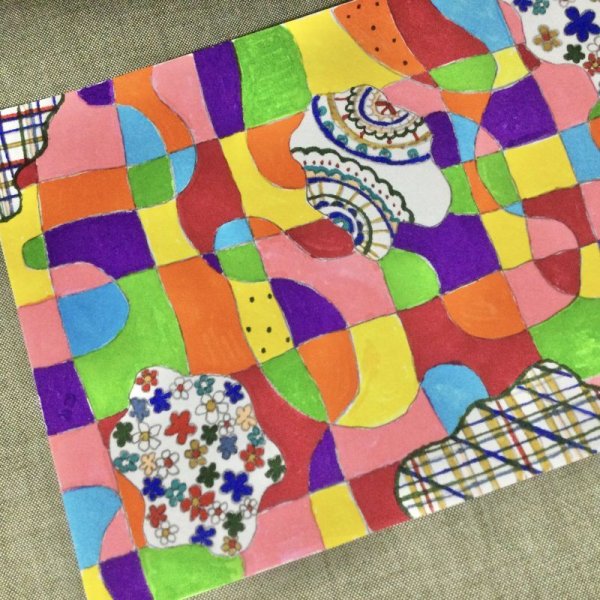 画像2: 【夜の街燈 Street Lamp at Night】・ドローイング「カラフルカブロックと雲の柄」 (2)