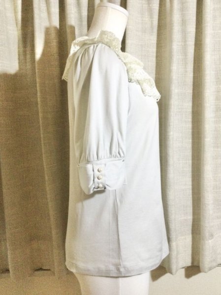 画像2: 【USED】・Leur Getter/スクエアレース・リボンパフカットソー　グレー (2)