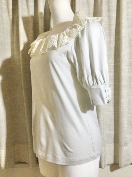 画像4: 【USED】・Leur Getter/スクエアレース・リボンパフカットソー　グレー (4)