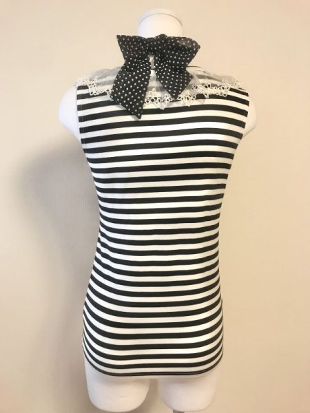 画像3: 【USED】・Emily Temple cute/ドットリボン付きボーダーノースリーブカットソー　黒×白 (3)