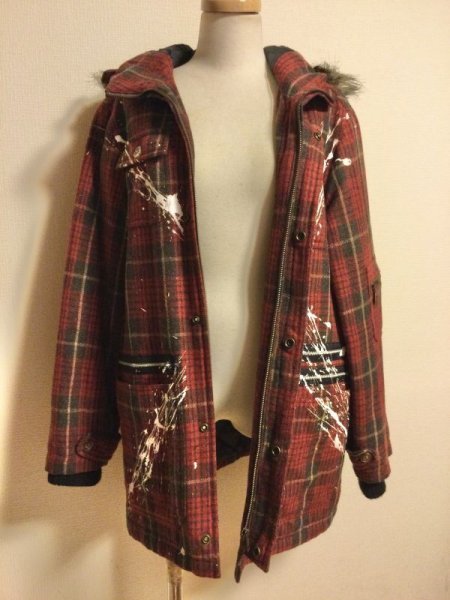 画像4: 【USED】・ROMANTIC NEUROSIS/チェックペイントコート　赤 (4)