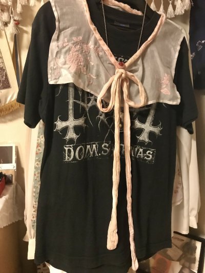 画像1: 【夜の街燈 Street Lamp at Night】・リメイクセーラー付け襟　お花刺繍　ピンク×白